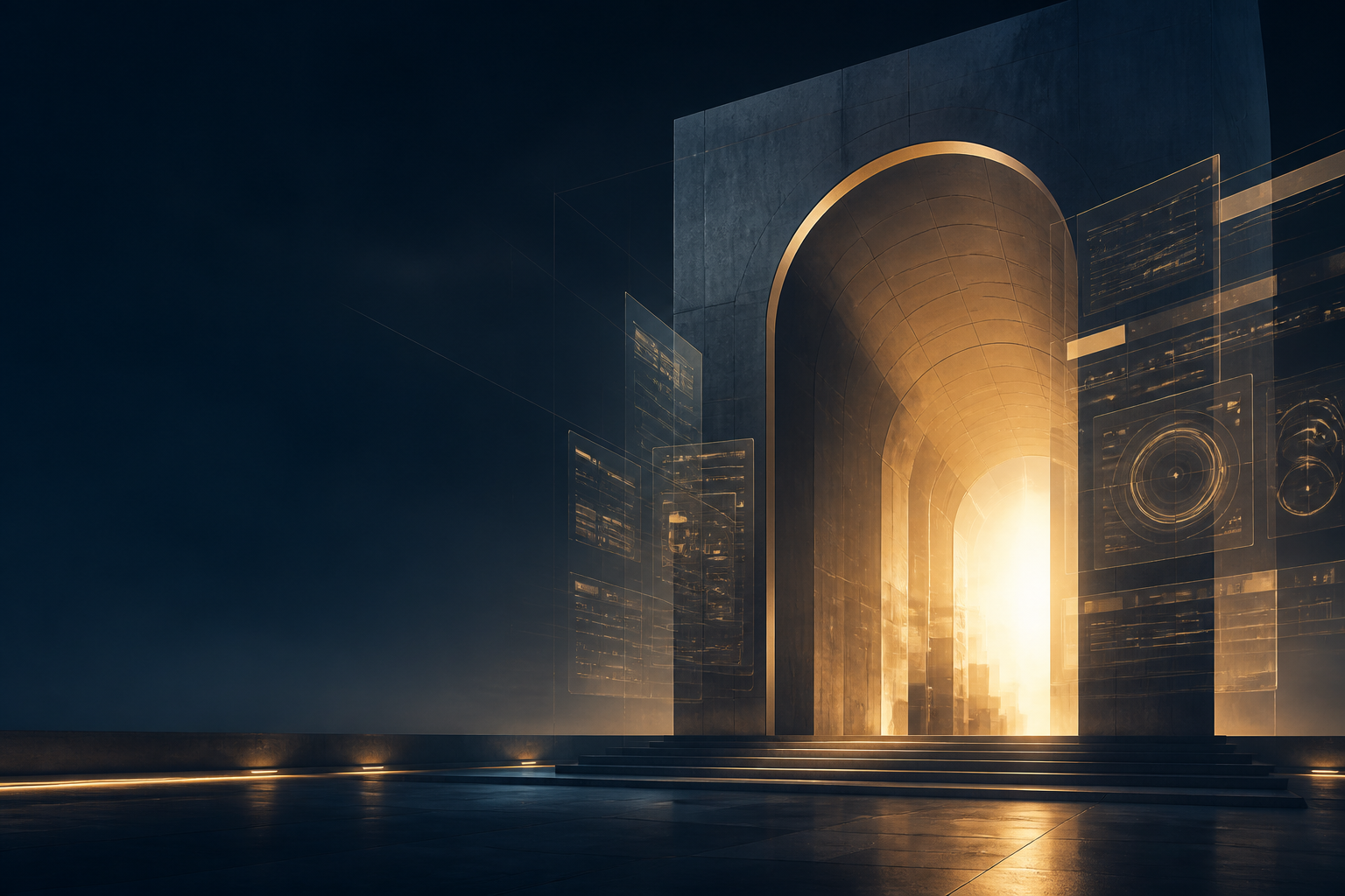 A luminous architectural gateway surrounded by digital interfaces
